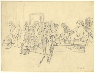 32896 Afbeelding van de uitdeelpost Oudwijk te Utrecht waar door nonnen eten wordt uitgedeeld aan kinderen en volwassenen.